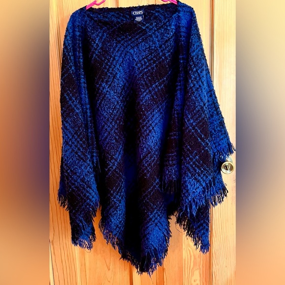Chaps Blue Knit Poncho with Fringe Serape Boho Chic Hippy Hippie Cozy Casual - Picture 3 of 17